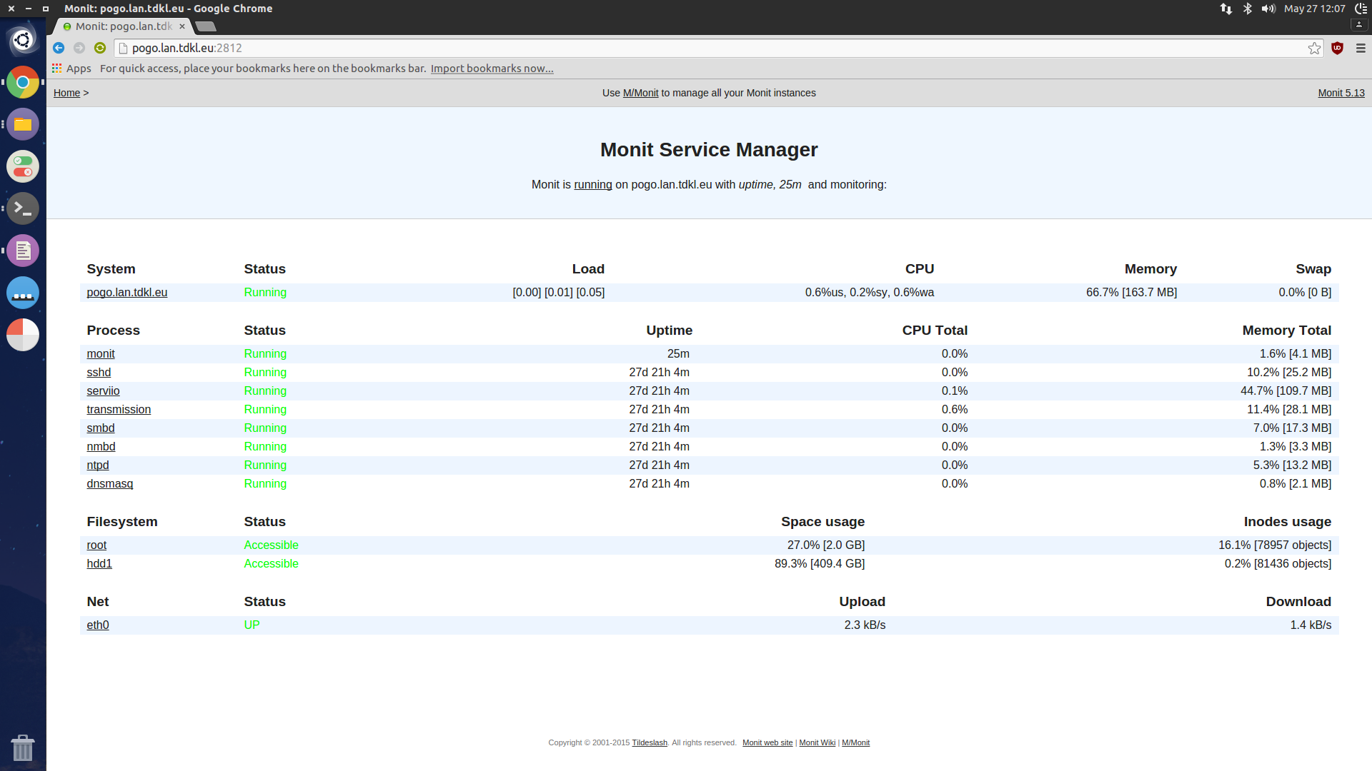 Screenshot of the dashboard in the browser which displays configured services, storage and network interface.